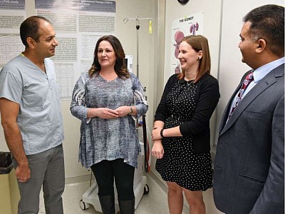 Dr. Kunal Goyal, head of medical imaging at Regina General Hospital, RN (NP) Shelley Giebel, patient Devaney Mehl from Estevan, Dr. Bhanu Prasad, kidney specialist talking about Mehl's renal denervation procedure at the Regina General Hospital. DON HEALY /